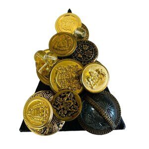 Vintage Elegant Button Brooch Black Triangle Design with Assorted Gold Button Ac